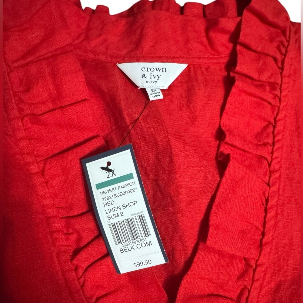 NWT Crown & Ivy Curvey Size 2x Red Linen Dress Side Pockets New With Tags - Picture 3 of 6